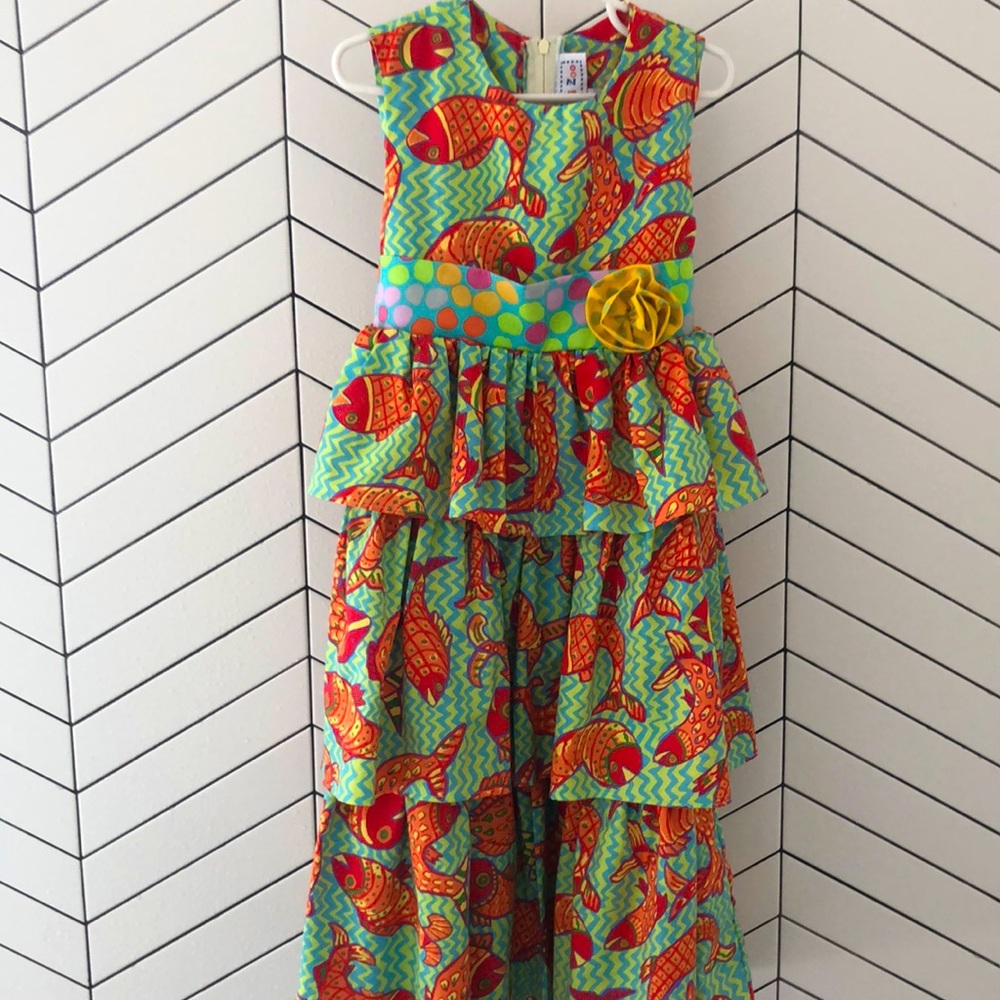 NWOT Tessuti Zoo koi fish dress size 6 tired ruffles high end brand handmade